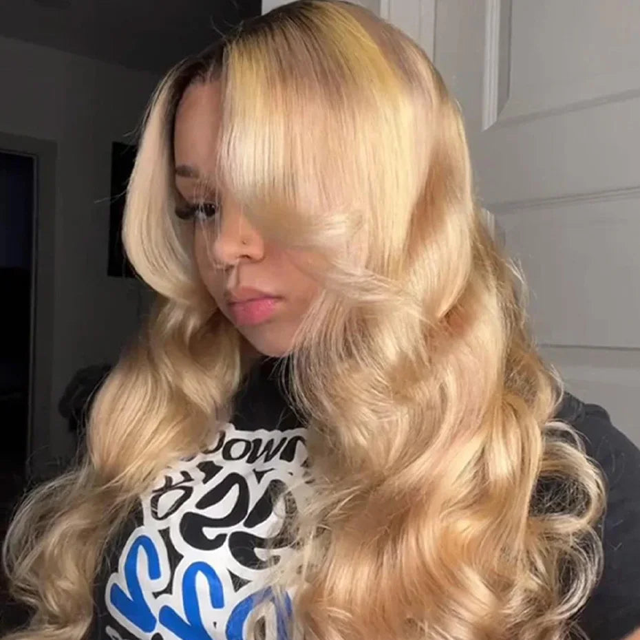 1B 613 Honey Blonde Ombre Colored Human Hair Wigs 13x6 Hd Lace Frontal Wigs Body Wave Human Hair Wigs With Baby Hair Dark Roots Blonde Wigs Human Hair With Pre Plucked Glueless Brazilian Wigs On Sale Lace Front Human Hair Wig
