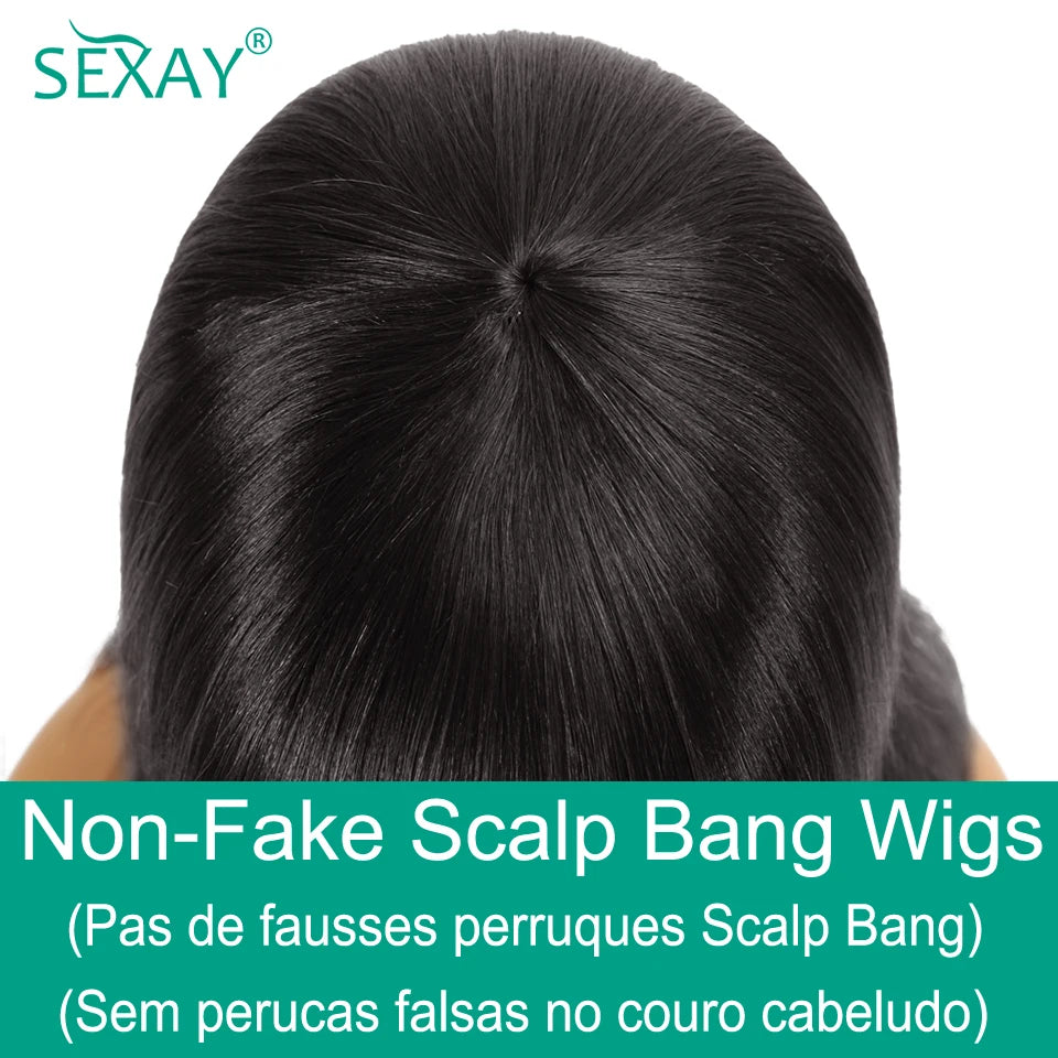 30 32 Fake Scalp Bang Wig Brazilian Human Hair 180 200 Density 3 Inch Scalp Hairline Fringe Human Hair Wigs With Bangs For Women