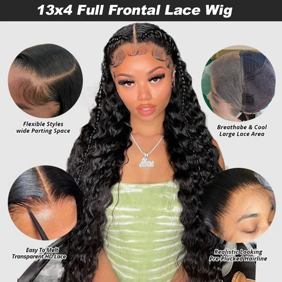 13x6 HD Lace Full Frontal Human Hair Wigs Water Wave 250 Density 13x4 HD Transparent Lace Frontal Wigs For Women Lemoda 12A Full