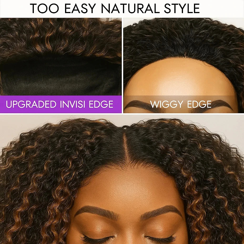 Beginner Friendly Seamless 1B/30 Highlight Wig 200% Density Water Wave Human Hair Half Kinky Curly Wig 3 In 1 Clip Flip Over Go