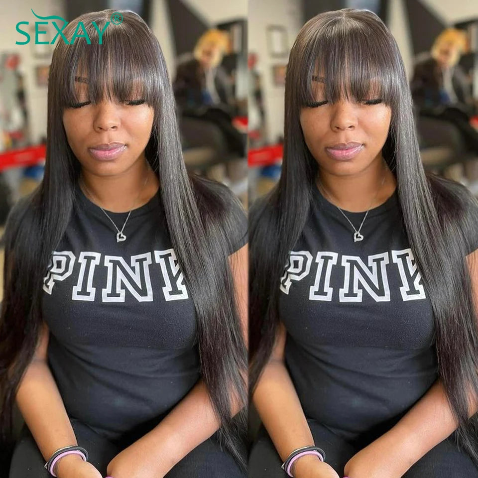 30 32 Fake Scalp Bang Wig Brazilian Human Hair 180 200 Density 3 Inch Scalp Hairline Fringe Human Hair Wigs With Bangs For Women