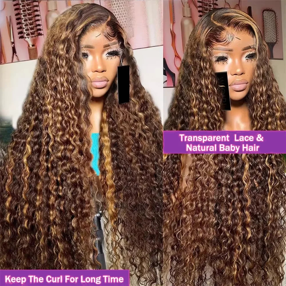 4/ 27 Highlight Honey Brown Curly Transparent HD 13x4 Lace Frontal Real Human Hair Wigs Ombre Color Deep Water Wave Full Wigs