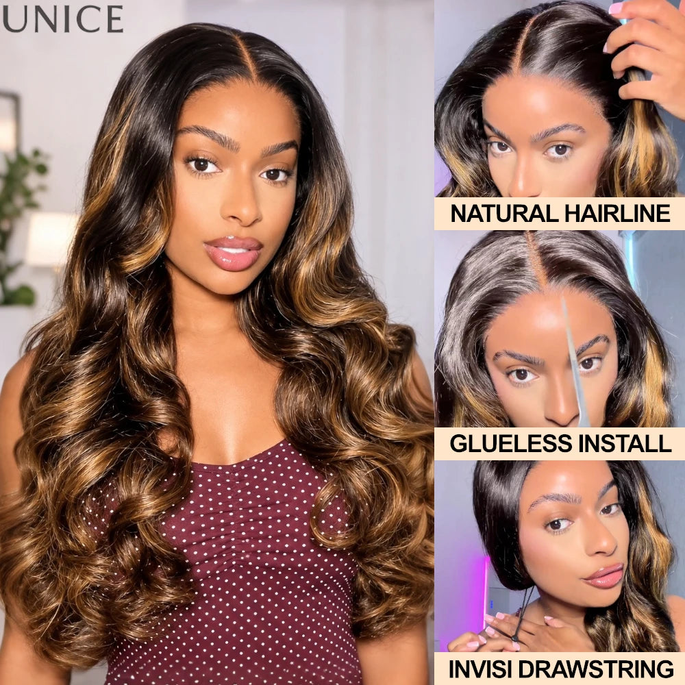 UNice 7x5 Bye-Bye Slip™ Balayage Highlight Body Wave Wig Pre Cut Pre Bleached Glueless Human Hair Wig Ready-to-go