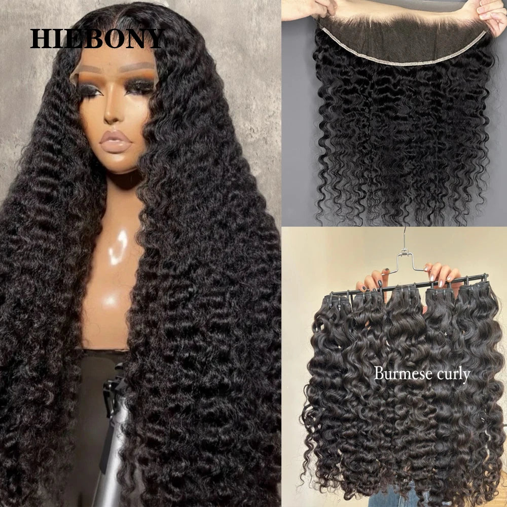 3C4A Burmese Curly Hair Bundle and HD Closure HiEbony 13x6 HD Lace Frontal 100% Human Hair Bundle 5x5 7x7 Melt Skin HD Closure