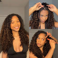 Beginner Friendly Seamless 1B/30 Highlight Wig 200% Density Water Wave Human Hair Half Kinky Curly Wig 3 In 1 Clip Flip Over Go