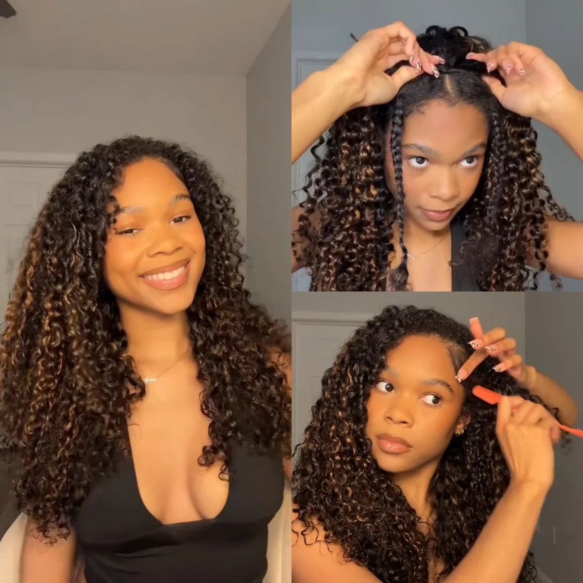 Beginner Friendly Seamless 1B/30 Highlight Wig 200% Density Water Wave Human Hair Half Kinky Curly Wig 3 In 1 Clip Flip Over Go