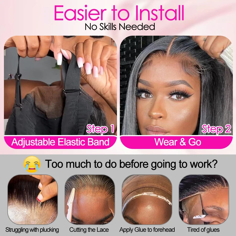 Short Bob Glueless Wigs Pre Cut 5x5 HD Lace Closure Wig Human Hair Straight Short Blunt Cut Bob Wigs Pre Plucked Ready to Wear