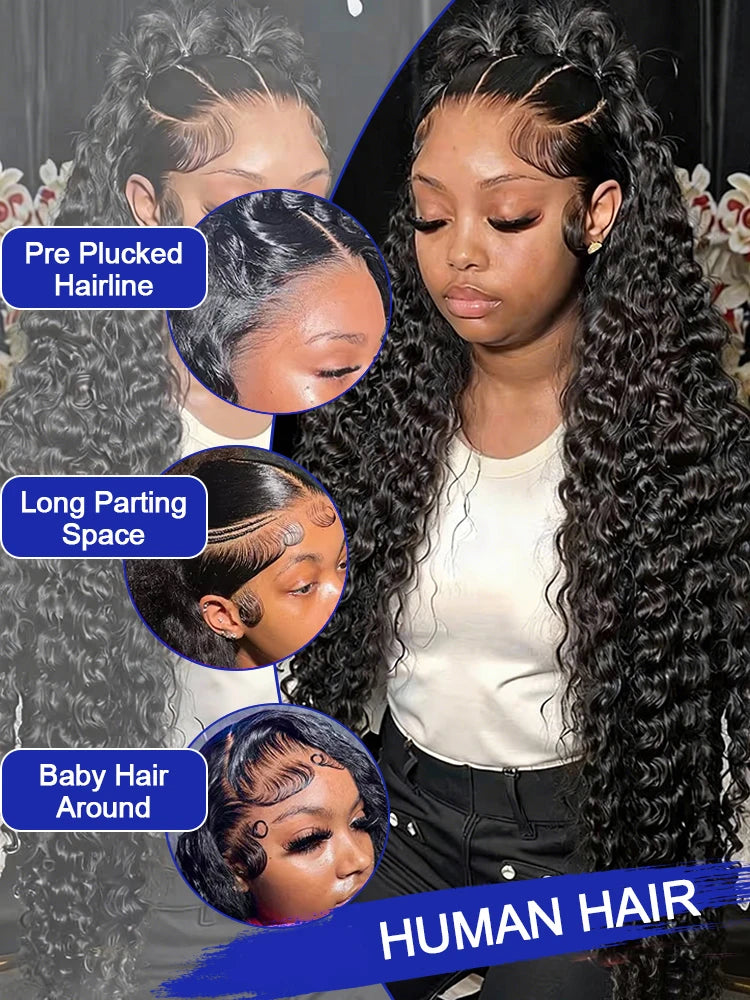 300% Density 40 42 Inch High Quality Loose Deep Wave Frontal Wigs Transparent 13x4 Lace Front Brazilian Hair Wigs Glueless Wig Human Hair 13x6 Water Wave Kinky Curly HD Lace Frontal Wig Preplucked Hairline Wet and Wavy Human