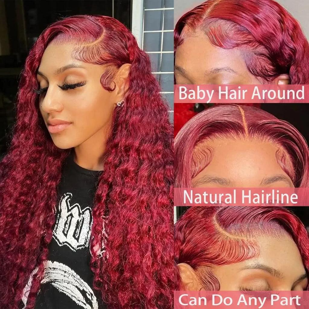 Swupod 200 Density 13x4 HD Lace Front Wig for Black Women Deep Wave Wavy Remy Human Hair 99J Burgundy Color Glueless