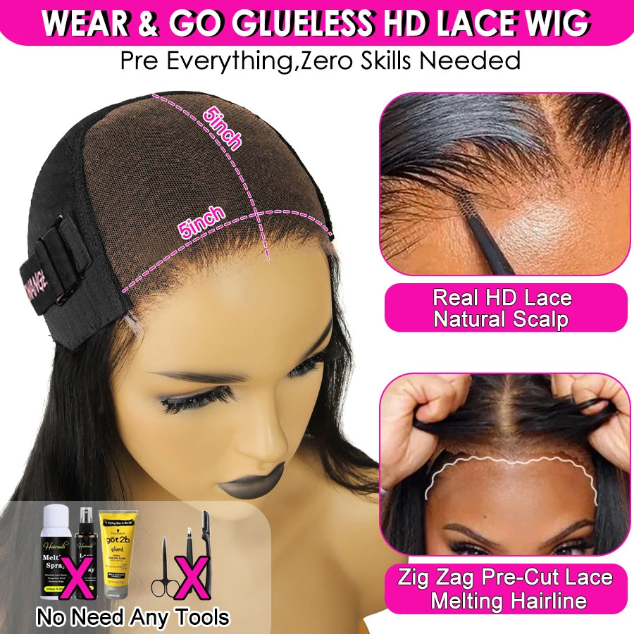 Short Bob Glueless Wigs Pre Cut 5x5 HD Lace Closure Wig Human Hair Straight Short Blunt Cut Bob Wigs Pre Plucked Ready to Wear