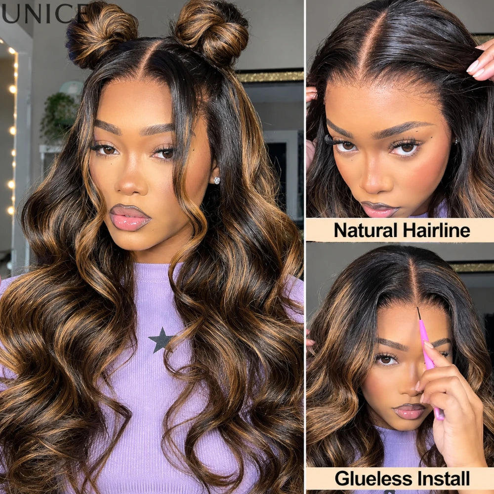 UNice 7x5 Bye-Bye Slip™ Balayage Highlight Body Wave Wig Pre Cut Pre Bleached Glueless Human Hair Wig Ready-to-go