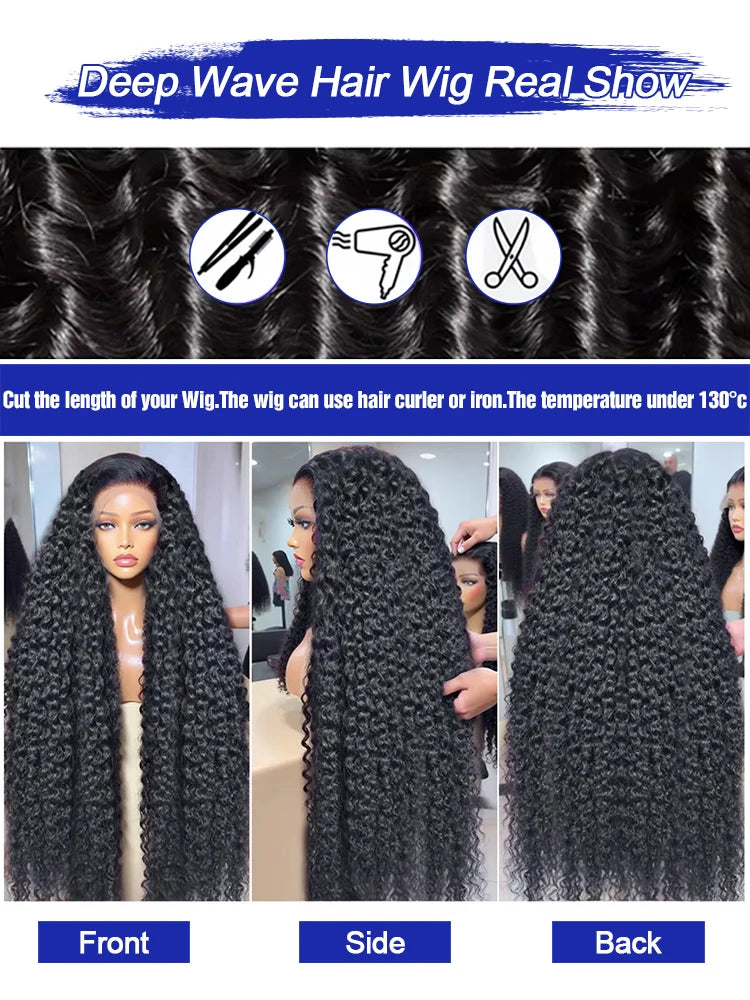 300% High Density Water Wave Human Hair Wigs HD Transparent 13x6 13x4 Deep Wave Lace Frontal Wig Brazilian Real Virgin Hair 40 42 Inch Jerry Curly Lace Front Human Hair Wigs For Women Wet and Wavy Frontal Wigs Preplucked Hair