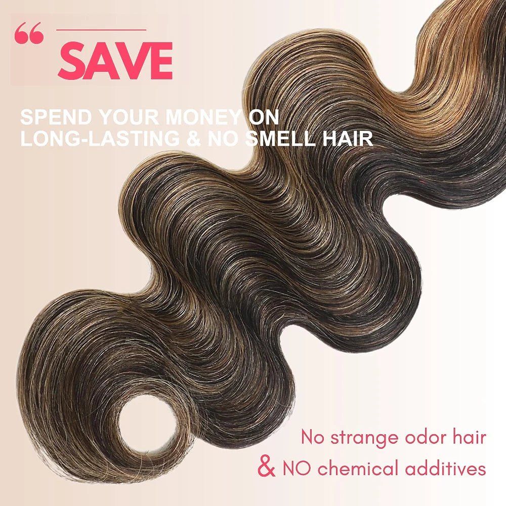 Highlight Human Hair Bundles with Closure Body Wave Ultra Thick F1B/27 Honey Blonde Ombre Raw Hair Bundles with 4x4 Lace Closure