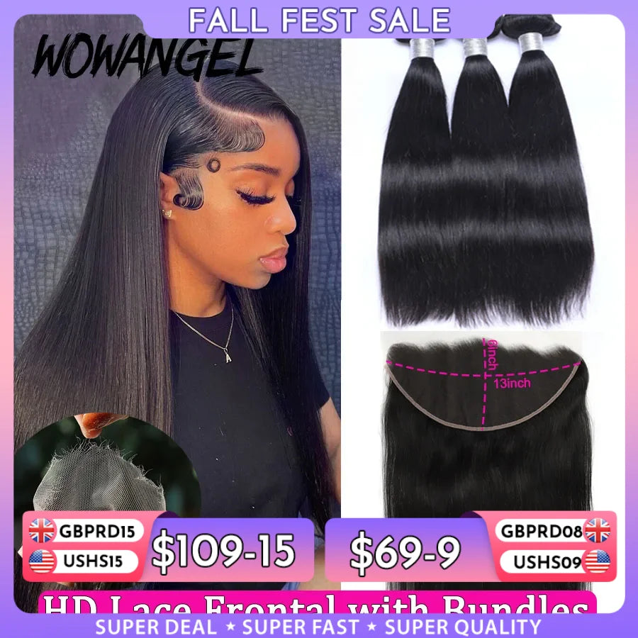 Wowangel 13x6 HD Lace Frontal with Bundles Human Hair 5x5 HD Lace Closure Melt Skins Brazilian Straight Hair Extension for Women