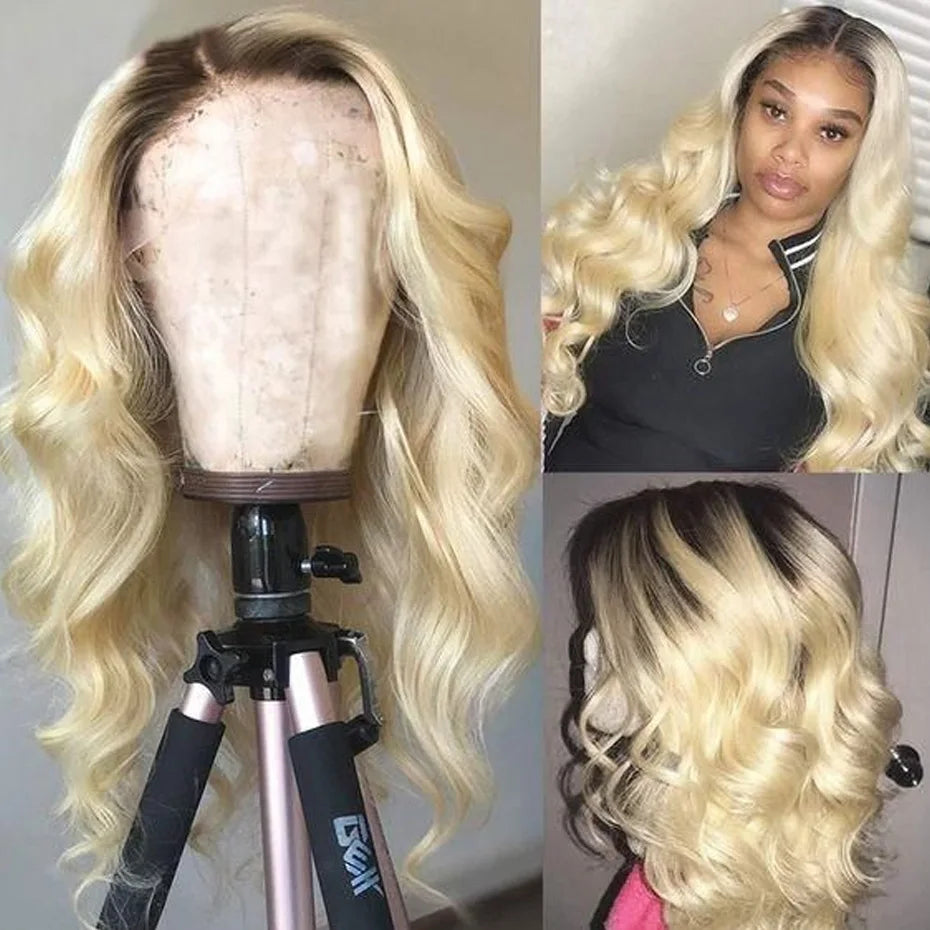1B 613 Honey Blonde Ombre Colored Human Hair Wigs 13x6 Hd Lace Frontal Wigs Body Wave Human Hair Wigs With Baby Hair Dark Roots Blonde Wigs Human Hair With Pre Plucked Glueless Brazilian Wigs On Sale Lace Front Human Hair Wig