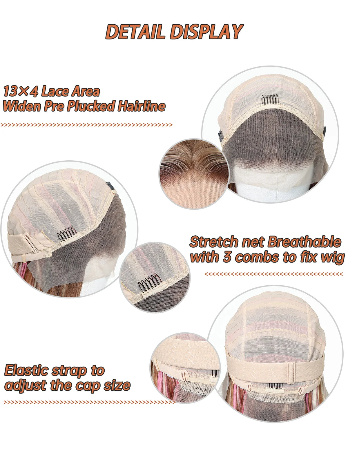 13x4 Lace Front Wig Straight Pink Highlights Blended Human Hair Synthetic Mix Pre Plucked Natural Hairline