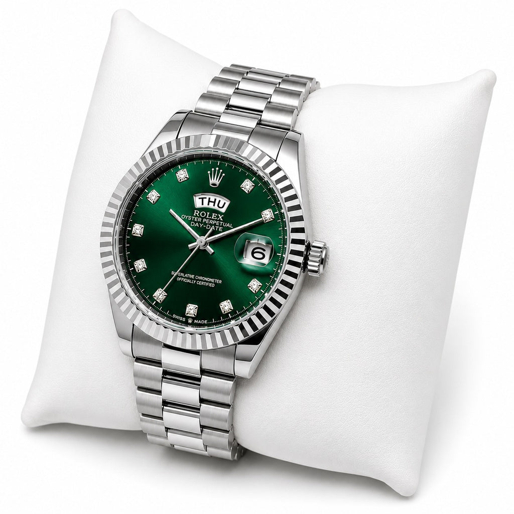 Men's Gold Watch Rolex Day-Date | Diamond | 36mm | Green MoP ساعة رولكس داي ديت ذهبية للرجال | ألماس | 36 مم | قرص أخضر من عرق اللؤلؤ