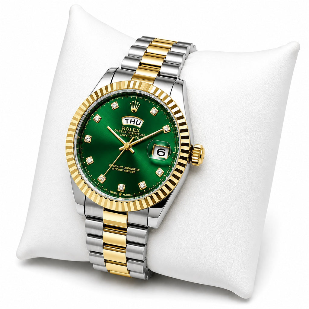 Men's Gold Watch Rolex Day-Date | Diamond | 36mm | Green MoP ساعة رولكس داي ديت ذهبية للرجال | ألماس | 36 مم | قرص أخضر من عرق اللؤلؤ