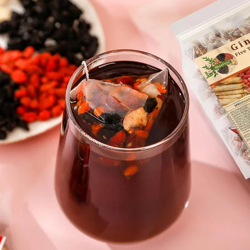 Original Ginseng Five Treasures Flavored Tea with Red Date Top Grade Handmade Health Tea Kidney Tea Wubao Herbal Ginseng Red Date Natural Chinese Cleanse for Men Women - te de riñon Saludable Organica